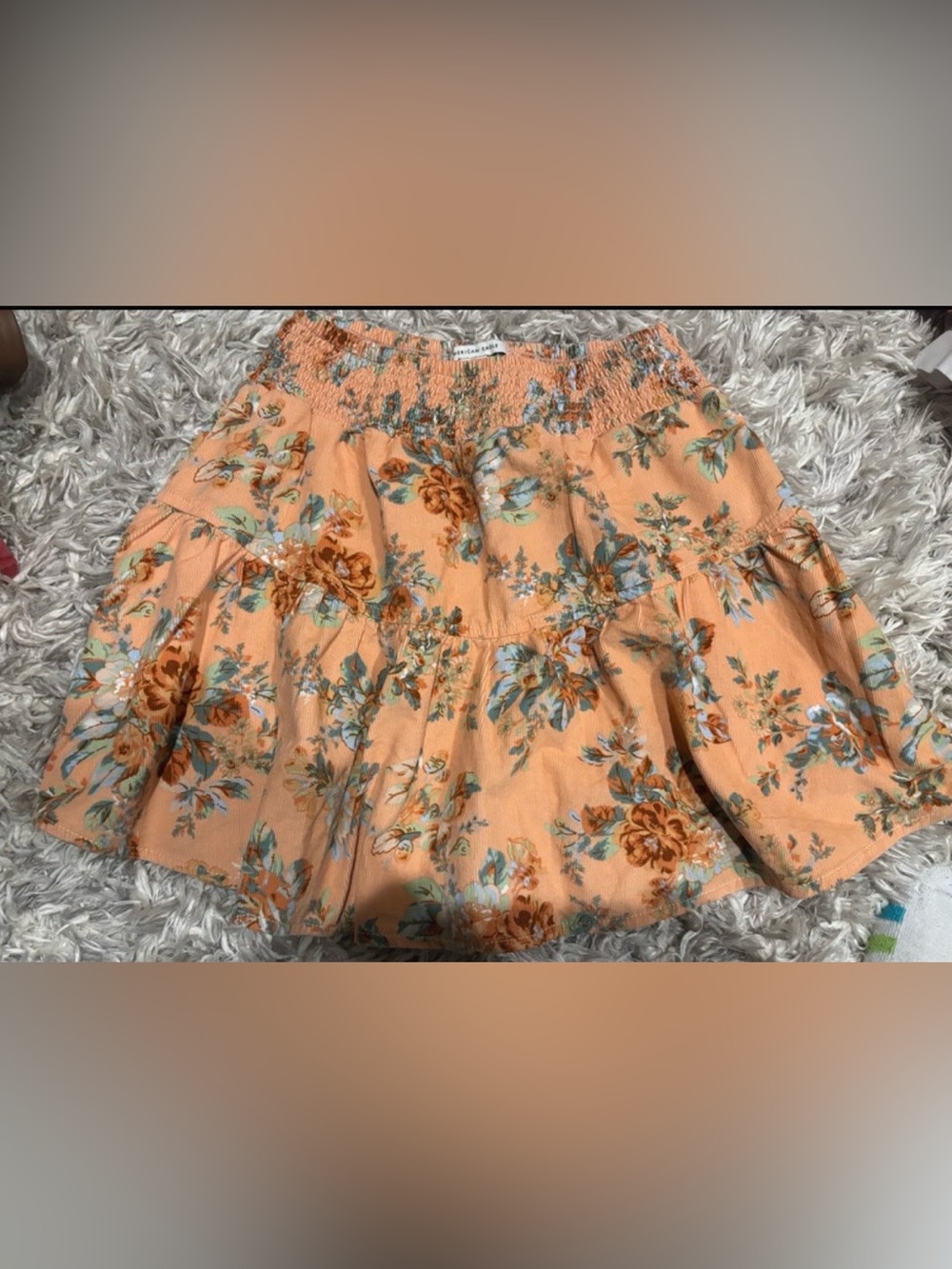 American Eagle Outfitters Corduroy Peach Floral Smocked Waist Skater Skirt